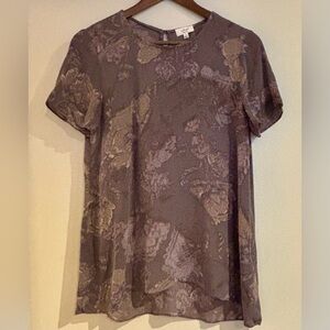 Wilfred| Aritzia| 100% Silk Purple & Brown Floral Short Sleeve Tunic Blouse Sz S